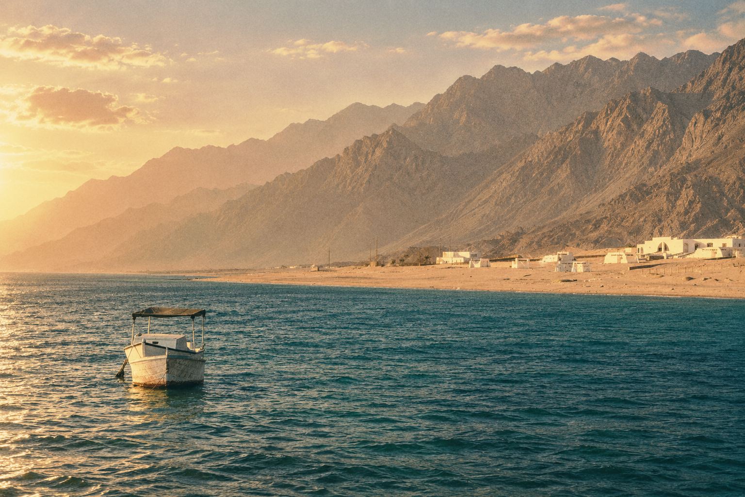 A white fishing boat on shallow turquoise water off a sand beach, with grey-beige mountain slopes and a few white buildings.