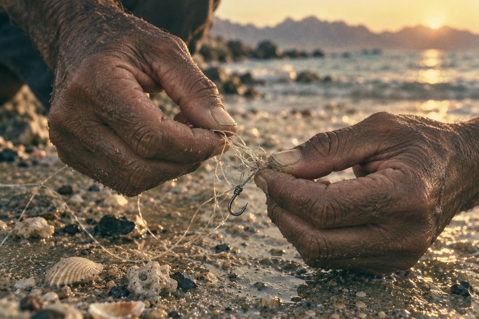 Two weathered hands untangle fishing line and a hook on wet sand.
