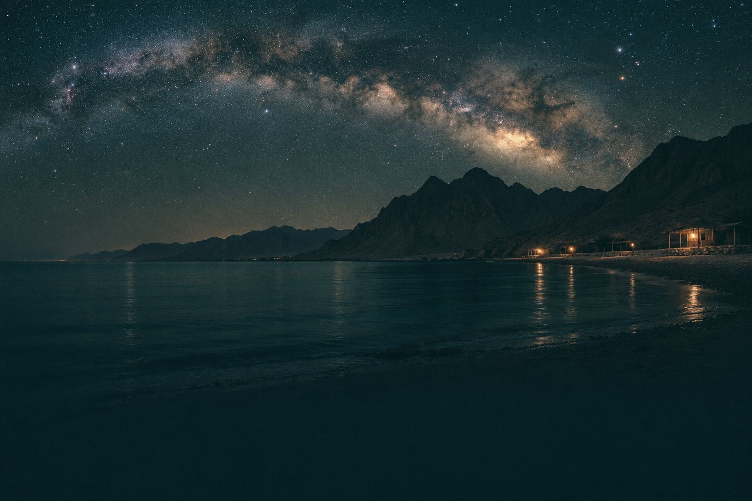 The Milky Way arches over dark Sinai mountains and a quiet beach with a few warm hut lights.