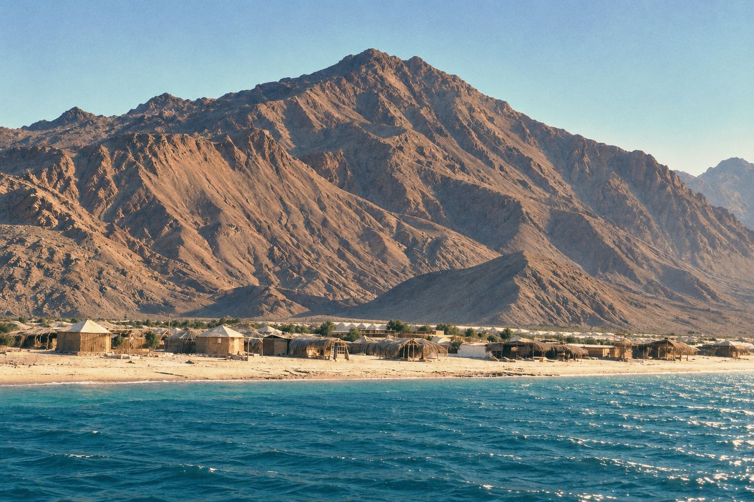 A single terracotta granite mountain in clear morning light above camp huts and a pale shore.