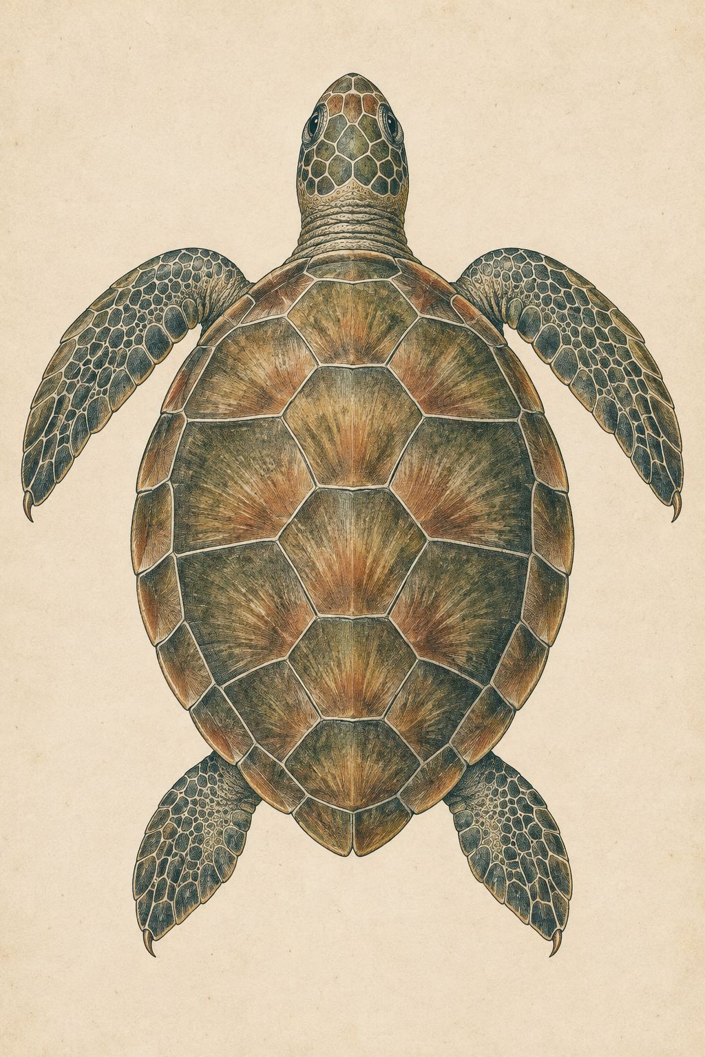 Engraved natural history plate of a green sea turtle seen from above.