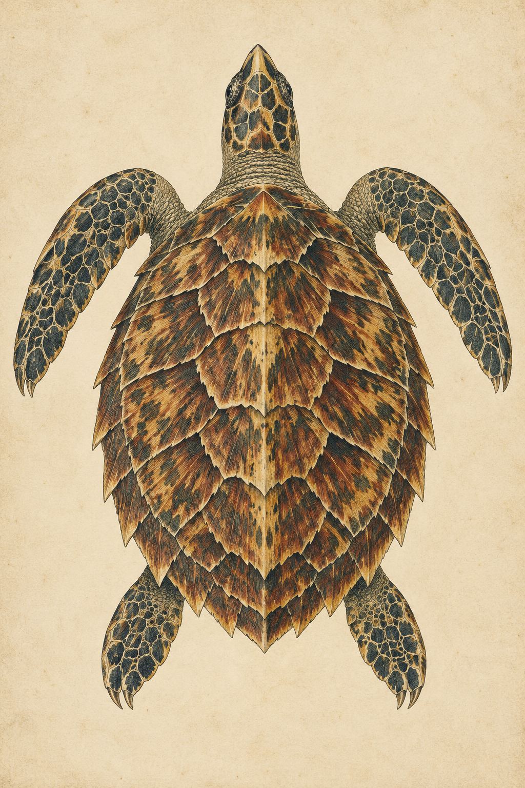Engraved natural history plate of a hawksbill turtle with overlapping scutes and a narrow beak.
