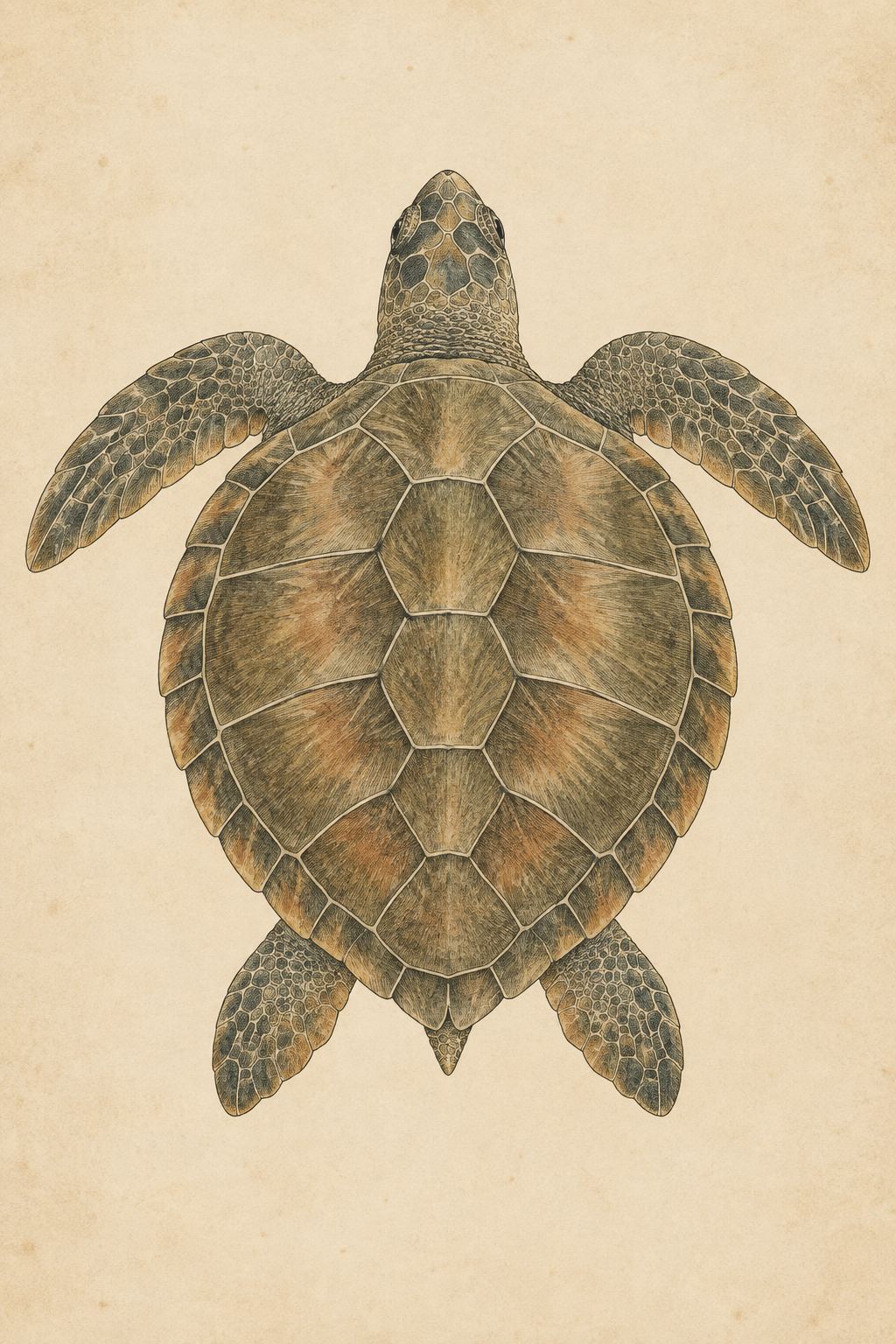 Engraved natural history plate of an olive ridley turtle with a small rounded shell.