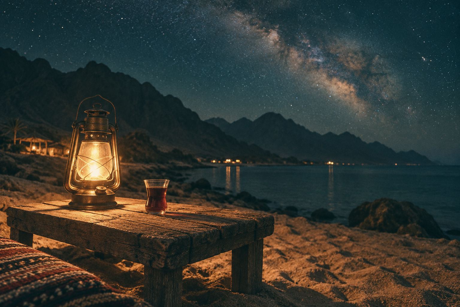 A glass of Bedouin tea and a glowing lantern on a low wooden table on the sand, the Milky Way above dark mountains.