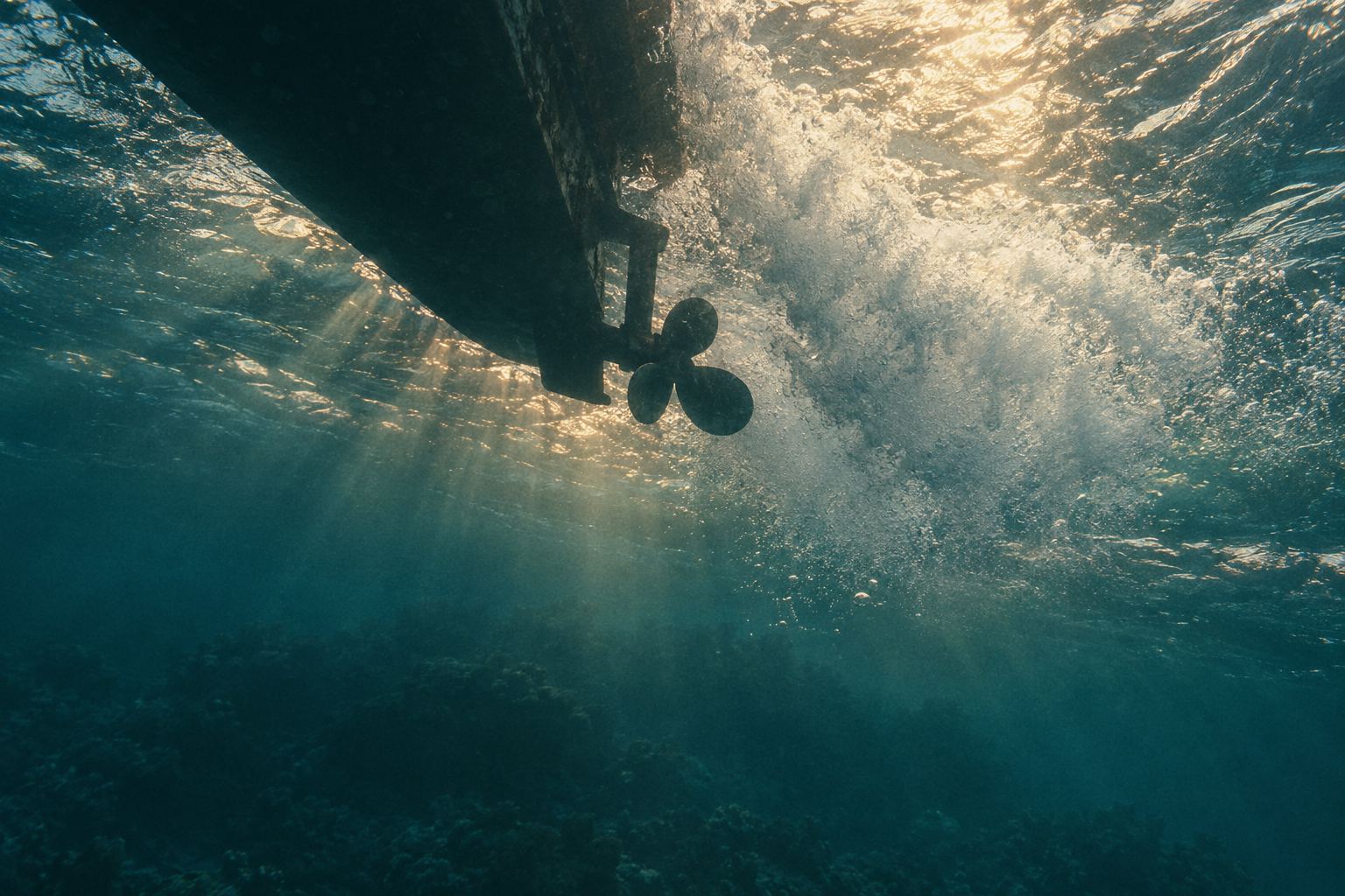 Looking up from underwater at a boat hull, propeller and churned white wash.