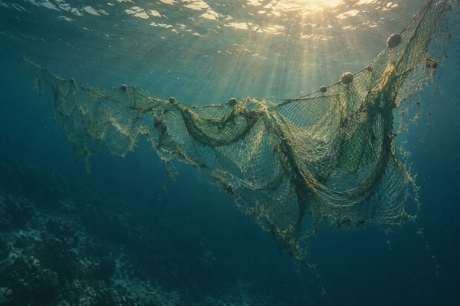 A torn ghost fishing net drifts in open blue water under shafts of light.