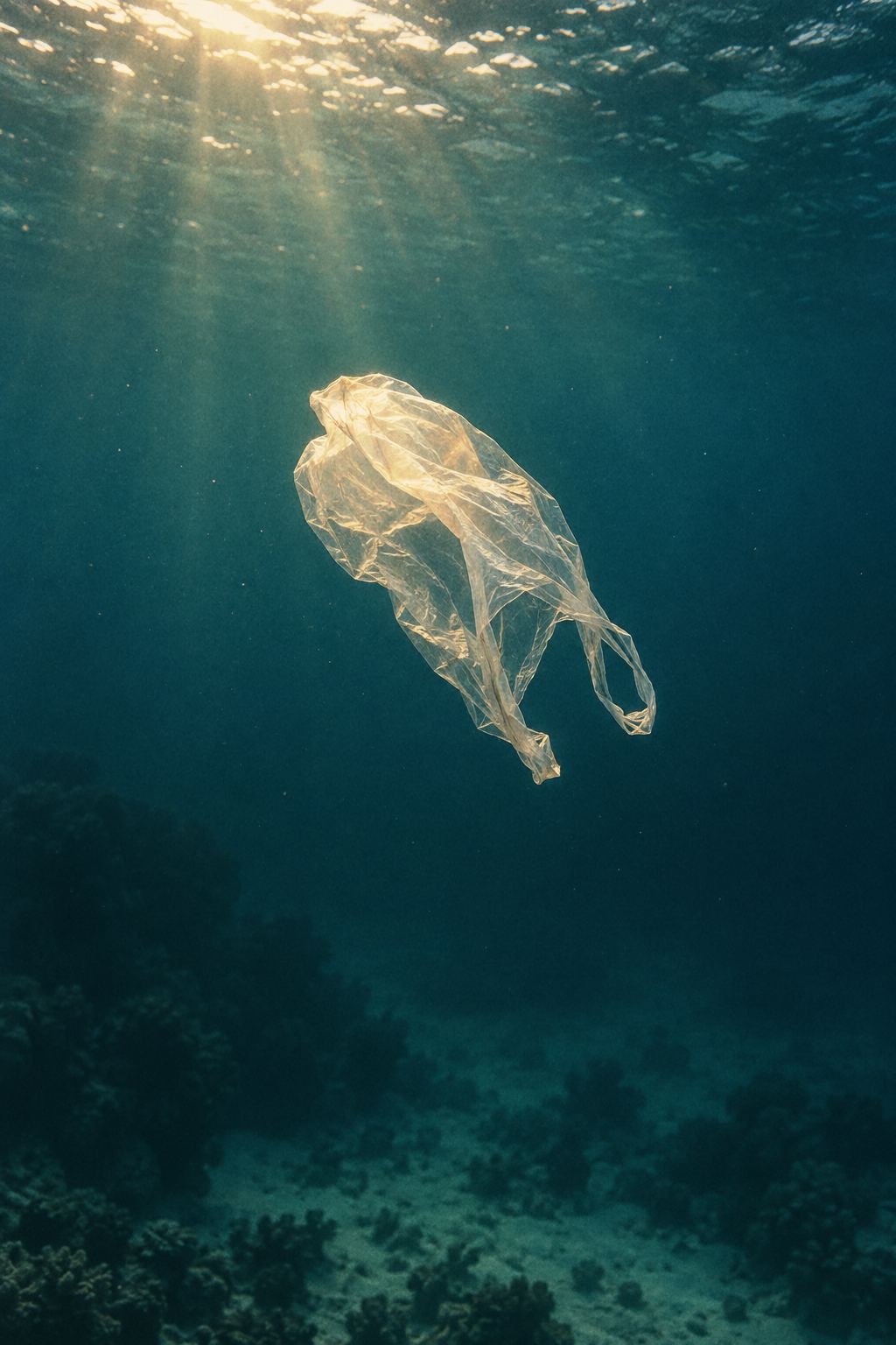 A single plastic bag drifts in deep blue water, looking like a jellyfish.