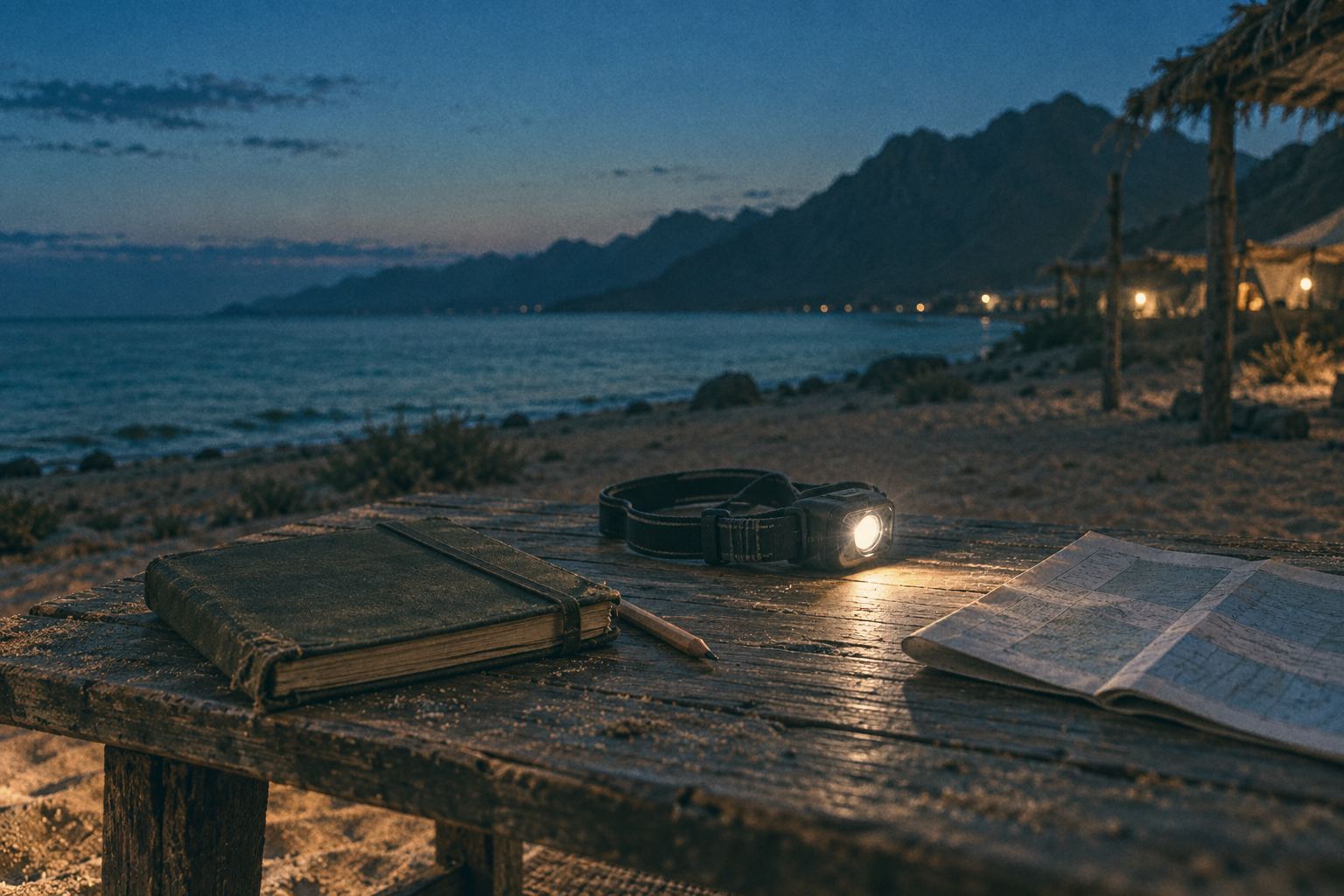 A worn field notebook, a lit head torch and a folded tide table on a wooden table on the sand at blue hour, the sea and mountains behind.